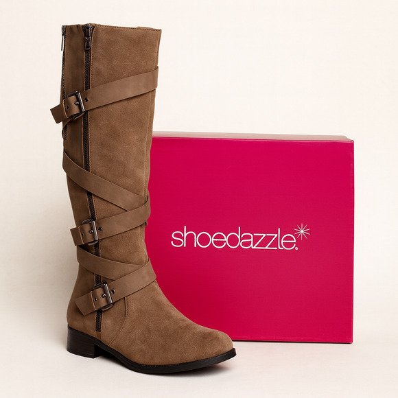 Shoedazzle Shoes - Moto Cecily Boots Women’s 8 Taupe Knee High Buckle Zip Faux Suede New Y2K Winter